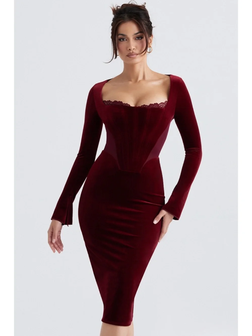 NEW House of CB Solaine Velvet Dress Wine Large